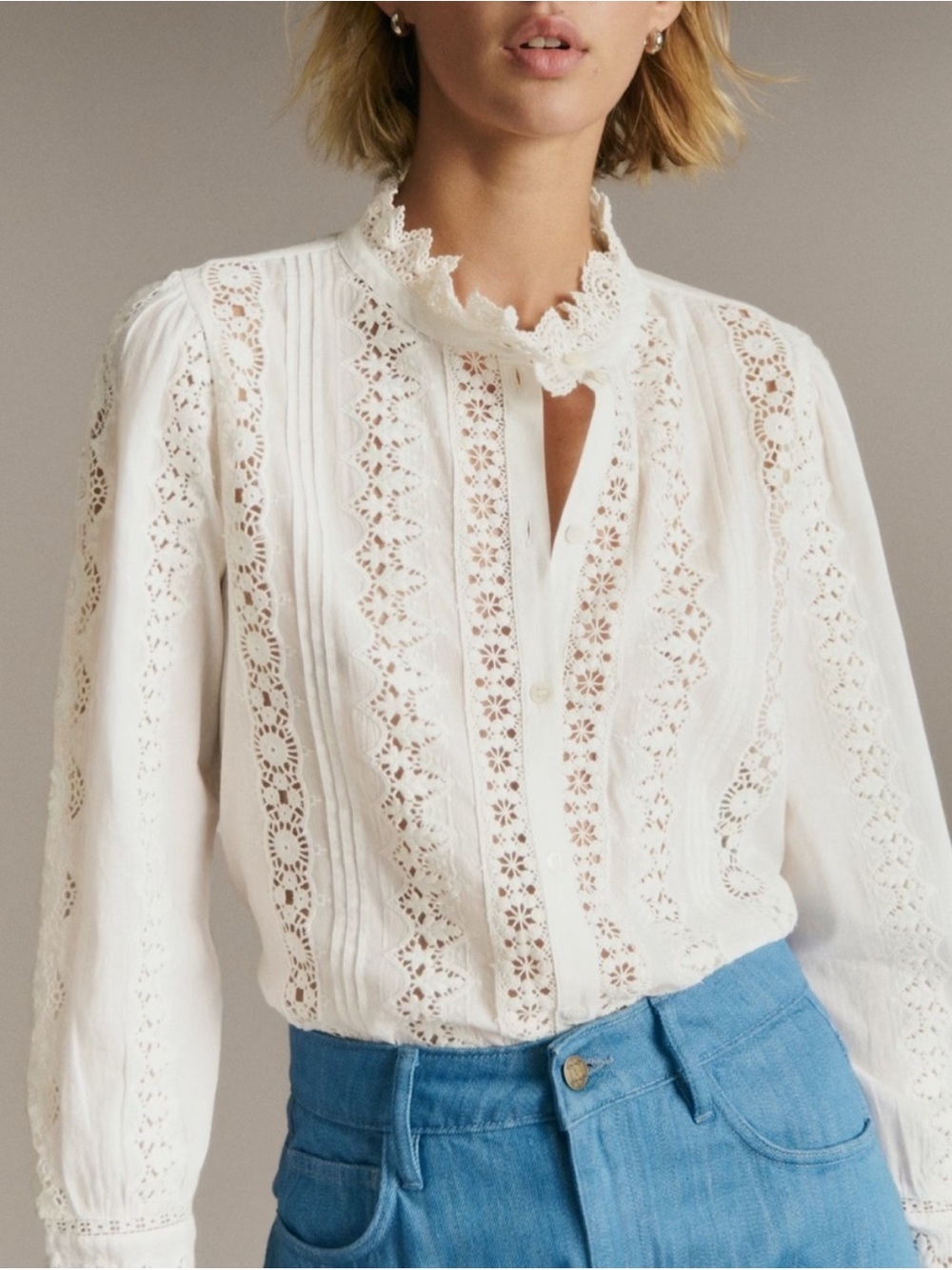 NWT SÉZANE RYM SHIRT Lace-Trim Victorian Collar White Blouse